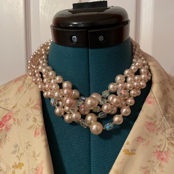 60’s pink and ivory faux pearls mixed with crystals 5 strand necklace - Picture 1 of 3